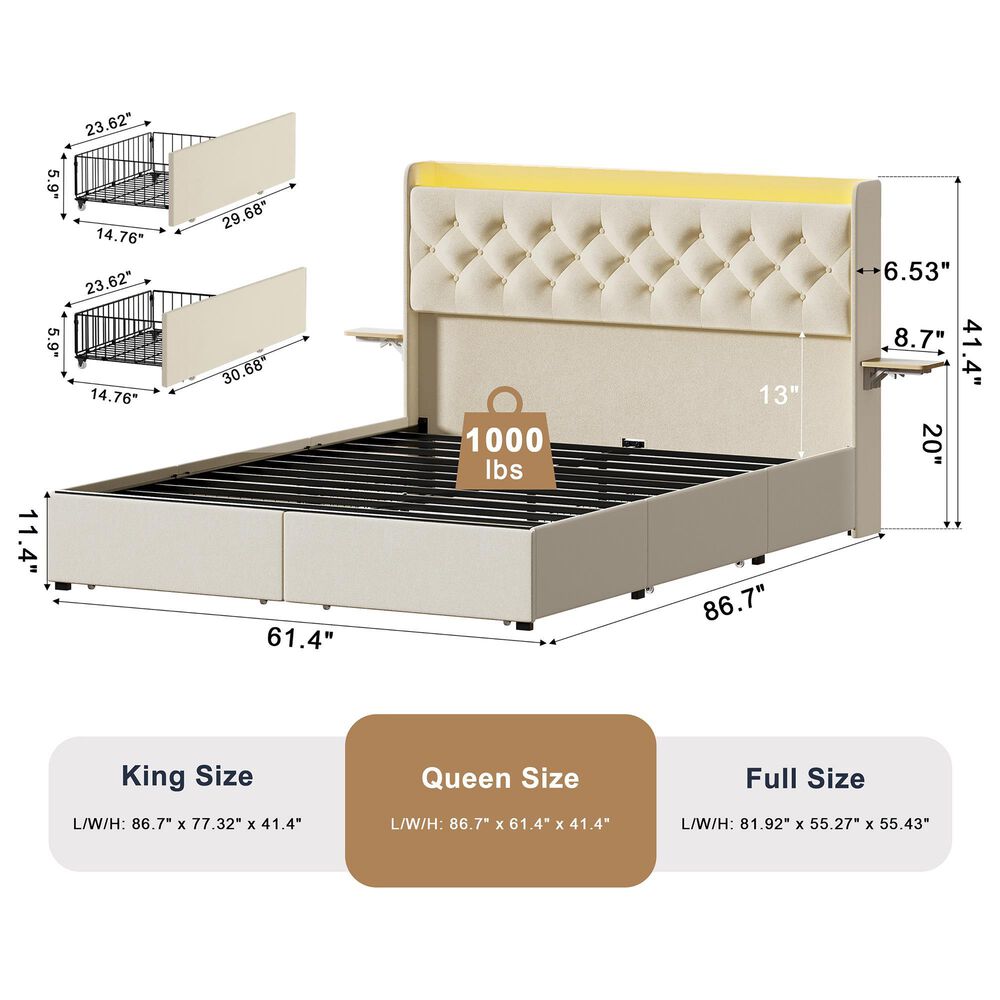 HOMLUX Queen Upholstered Platform Storage Bed in Beige, , large