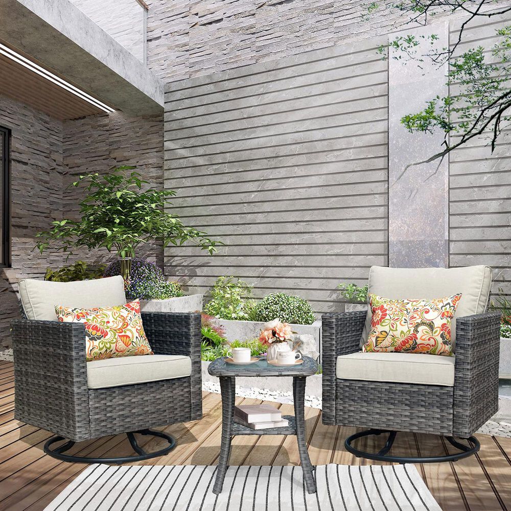 HOMLUX 3-Piece Patio Conversation Set with Square-Arm Swivel Rocking Chairs in Beige, , large