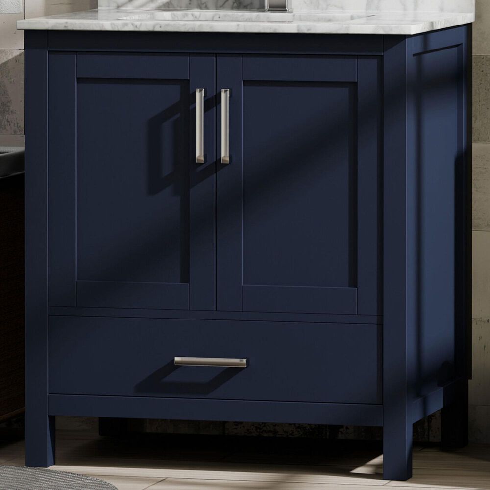 Lexora Home Jacques 30&quot; Single Bathroom Vanity in Navy Blue with 2 cm White Carrara Marble Top and Rectangular Sink, , large