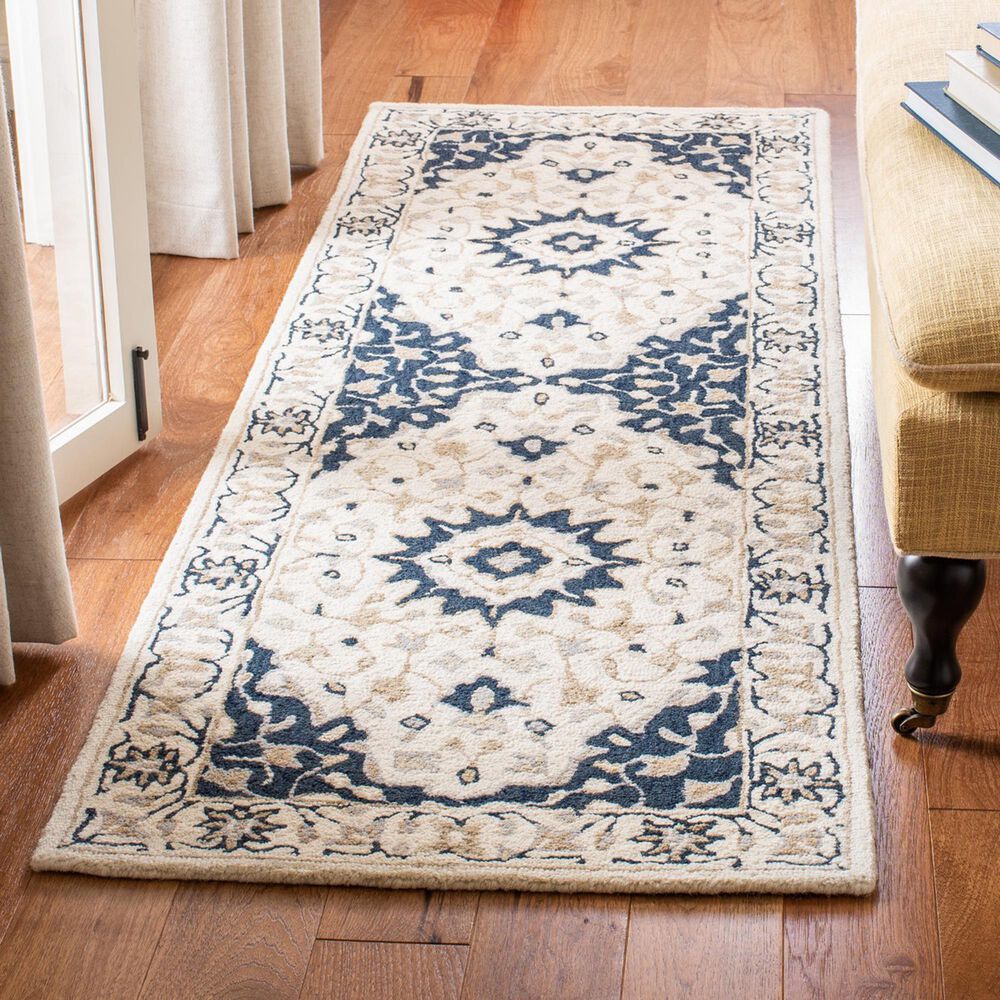 Safavieh Micro-Loop Oriental 2&#39;3&quot; x 7&#39; Ivory and Navy Runner, , large