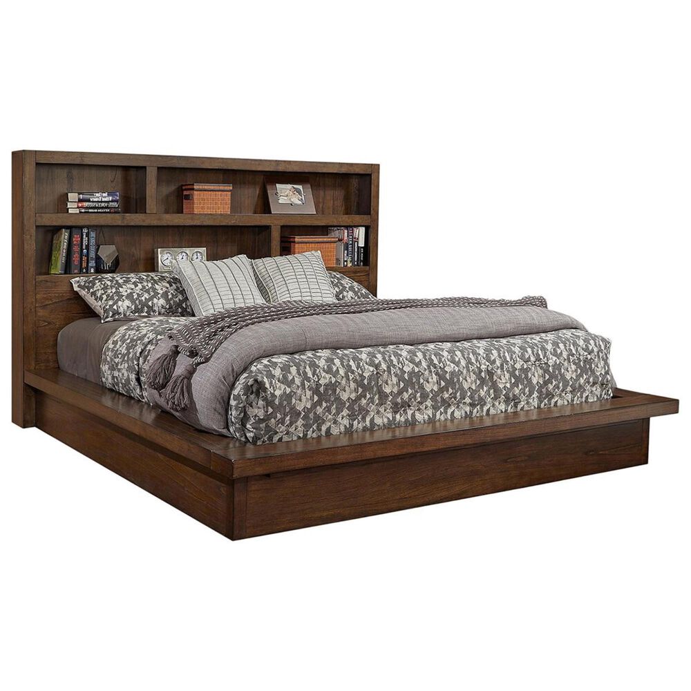 Riva Ridge Modern Loft Queen Bookcase Platform Bed in Brownstone