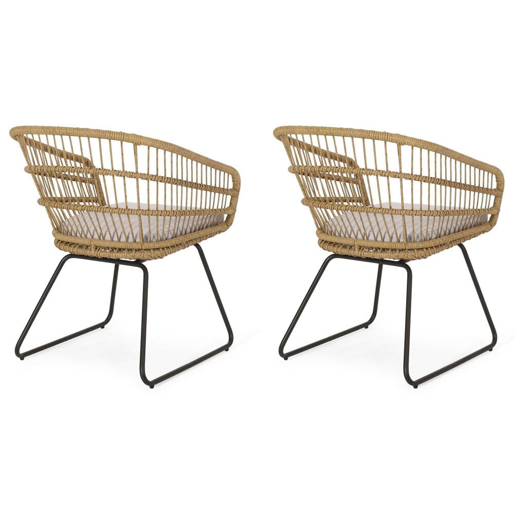 Hearth and Haven Terry Outdoor Dining Chair with Beige Cushion in Light Brown &#40;Set of 2&#41;, , large