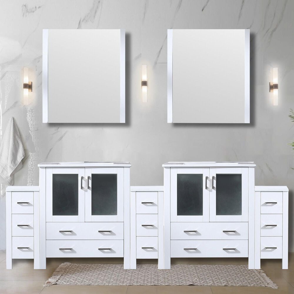 Lexora Home Volez 96&quot; Double Bathroom Vanity in White with 2 cm White Ceramic Top, Rectangular Sinks and Side Cabinets, , large
