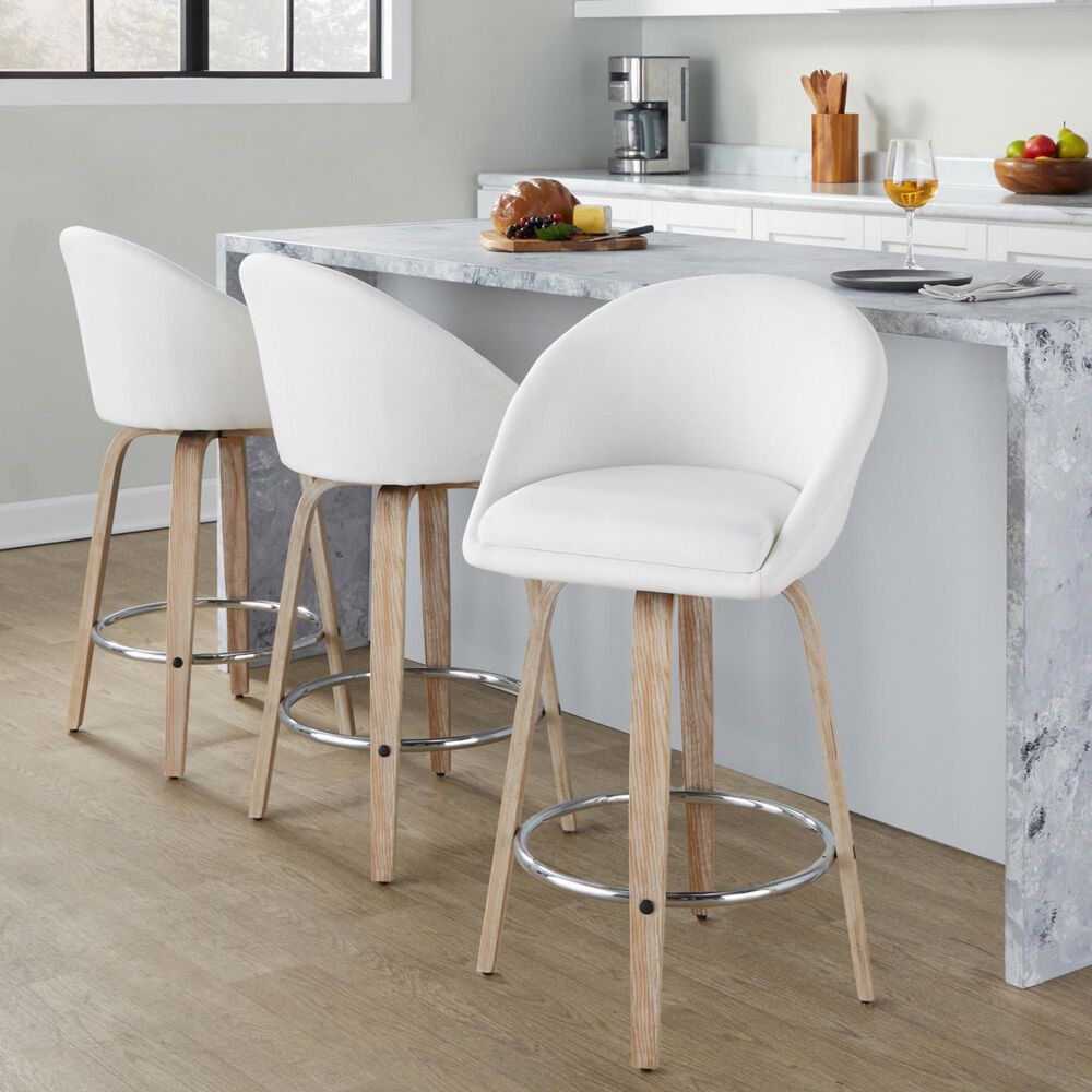 LumiSource Matisse 26" Swivel Counter Stool with Cream Fabric Upholstery in Whitewashed and Chrome (Set of 2), , large