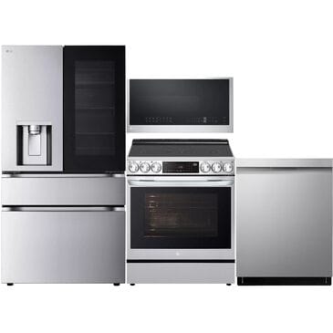 LG 4 Piece Kitchen Package with 29 Cu. Ft. French Door Refrigerator, Smart Top-Control Dishwasher, 1.7 cu. ft. Smart Over-the-Range Convection Microwave, and 6.3 Cu. Ft. Smart Slide-In Electric Range in Stainless Steel, , large