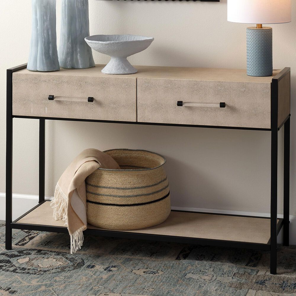 Splendor Living Irvington Faux Shagreen 2-Drawer Console Table in Taupe and Black, , large