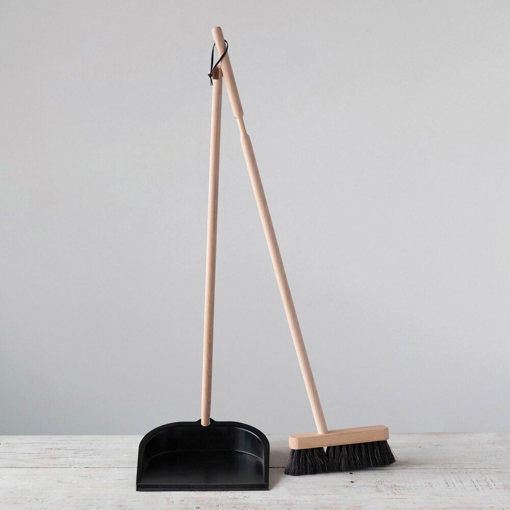 Creative Coop 2-Piece Beech Wood Broom and Standing Metal Dust Pan Set in Natural and Black, , large