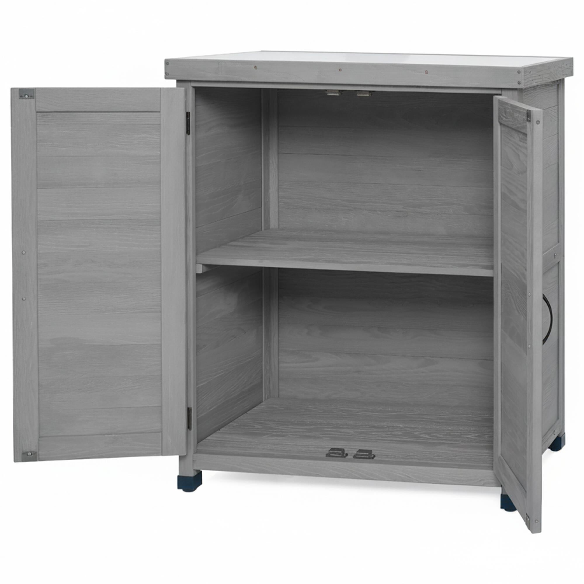 Hearth and Haven Outdoor Wooden Storage Cabinet with Metal Top and