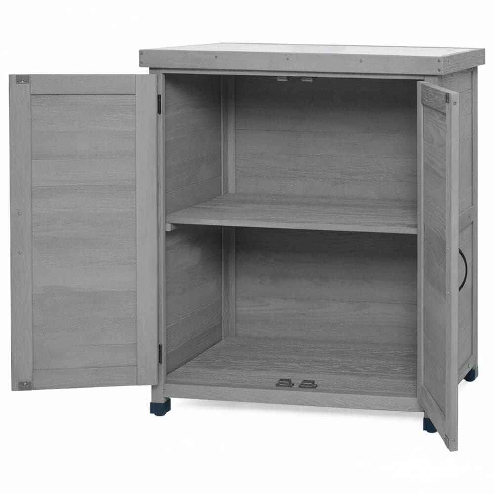 Hearth and Haven Outdoor Wooden Storage Cabinet with Metal Top and Adjustable Protective Footpad in Gray, , large