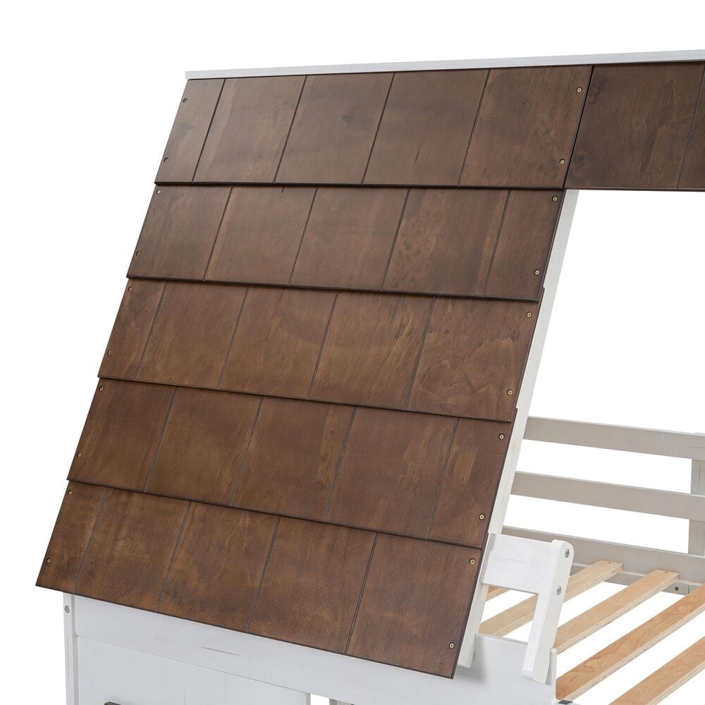 Hearth and Haven Twin over Twin House Bunk Bed with Roof in White and Brown, , large