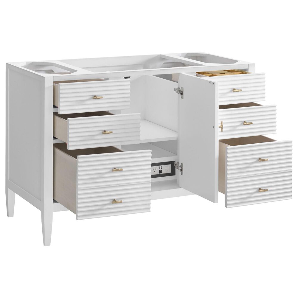 James Martin Vanities Myrrin 48" Single Bathroom Vanity in Bright White with 3 cm Eternal Jasmine Pearl Silestone Top, Rectangular Sink and FreePower Wireless Charger, , large