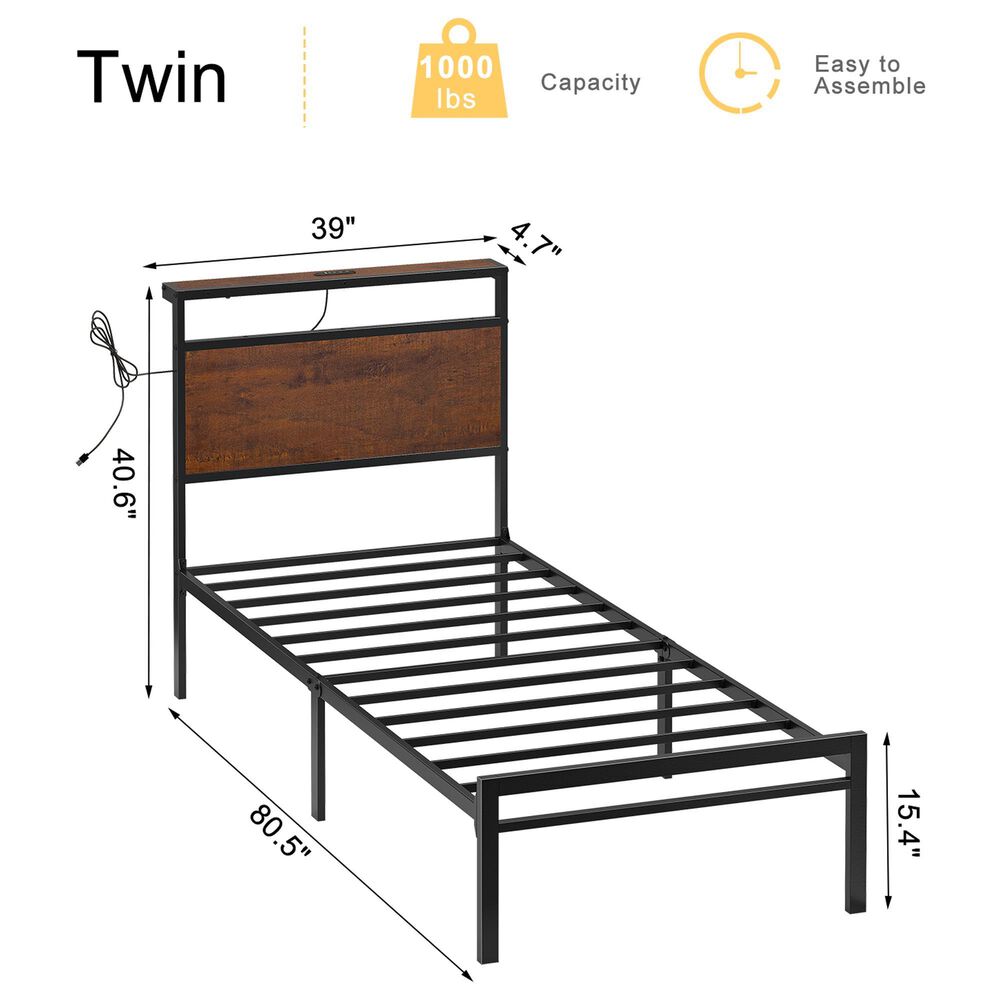 HOMLUX Industrial Twin Platform Bed with LED Headboard and Charging Station in Rustic Brown, , large