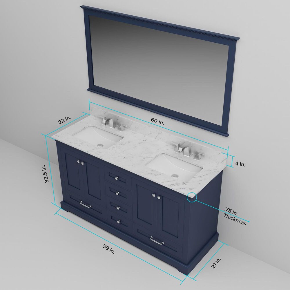 Lexora Home Dukes 60" Double Bathroom Vanity in Navy Blue with 2 cm White Cultured Marble Top and Rectangular Sinks, , large