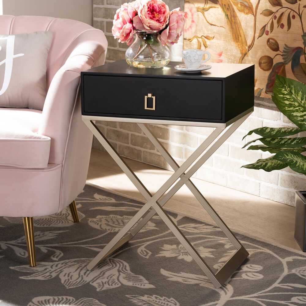 Baxton Studio Patricia 1-Drawer End Table in Black and Brass, , large