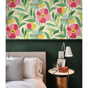 NextWall Garden Block Floral 216" x 20.5" Peel and Stick Wallpaper in Pink and Kelly Green, , large