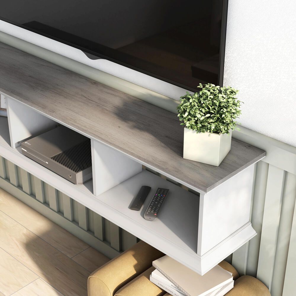 Furniture of America Moen 63&quot; Floating TV Console in White and Vintage Gray Oak, , large