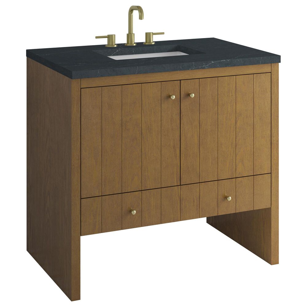 James Martin Hudson 36" Single Bathroom Vanity in Honey Oak with 3 cm Charcoal Soapstone Silestone Top and Rectangular Sink, , large