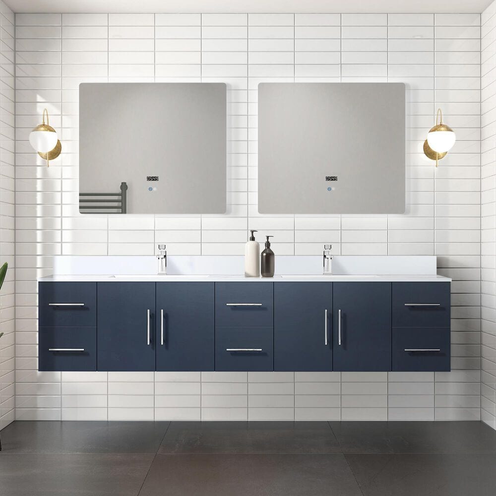 Lexora Home Geneva 84&quot; Double Bathroom Vanity in Navy Blue with 2 cm White Cultured Marble Top and Rectangular Sinks, , large