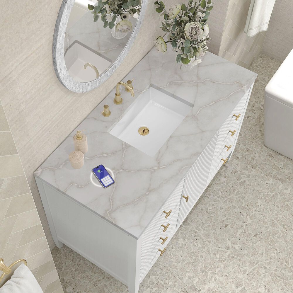 James Martin Vanities Myrrin 48" Single Bathroom Vanity in Bright White with 3 cm Eternal Jasmine Pearl Silestone Top, Rectangular Sink and FreePower Wireless Charger, , large