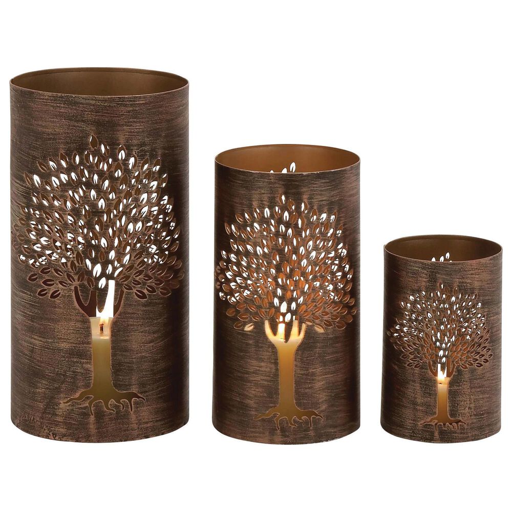 Maple and Jade Tree Cutout Decorative Indoor/Outdoor Candle Lantern in Brushed Copper (Set of 3), , large