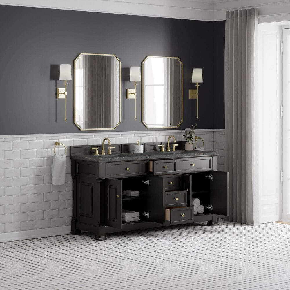 James Martin Vanities Brookfield 72" Double Bathroom Vanity in Black Onyx with 3cm Parisien Bleu Quartz Top and Rectangular Sinks, , large