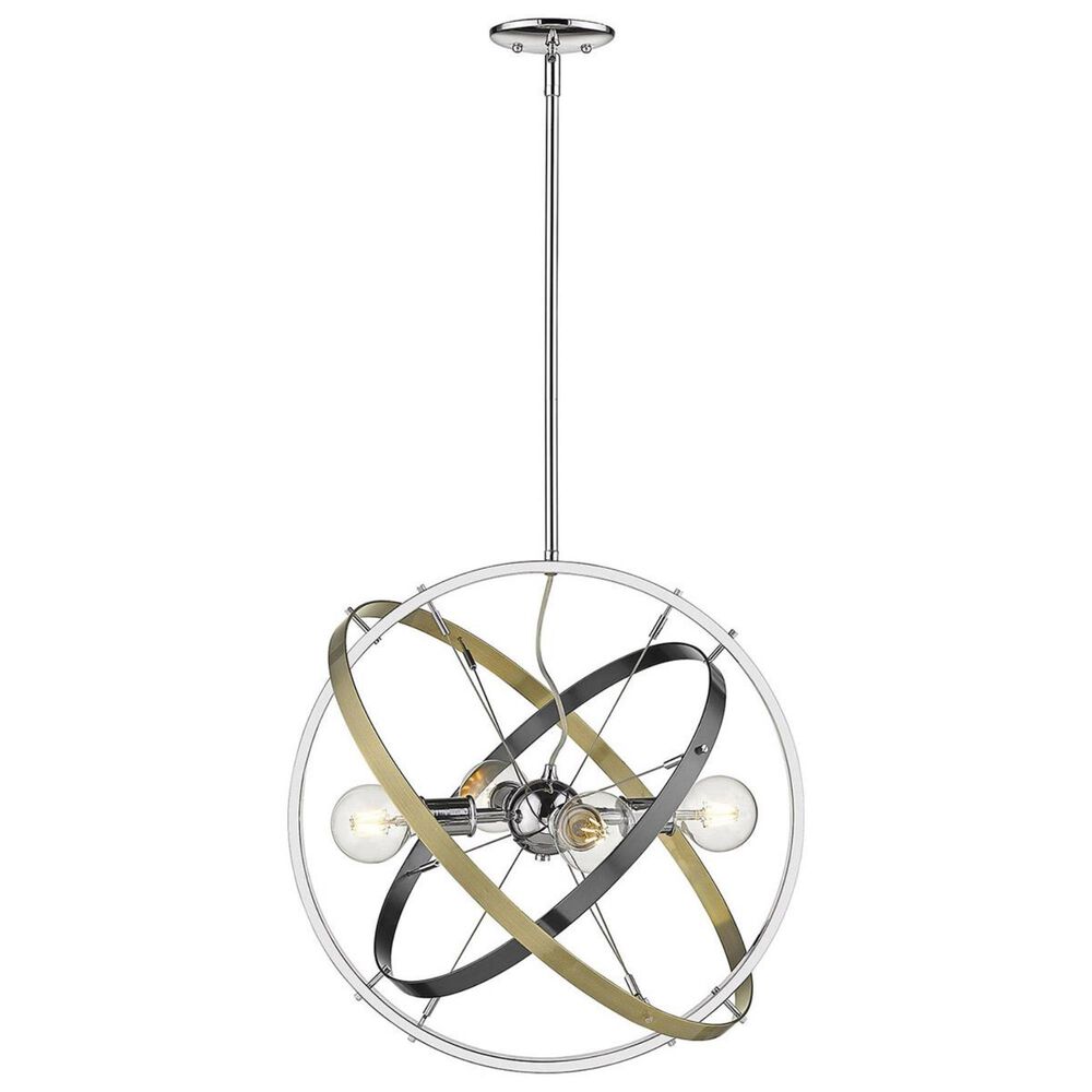 Golden Lighting Atom 4-Light Chandelier in Chrome with Black Brushed Steel and Aged Brass Accent Rings, , large