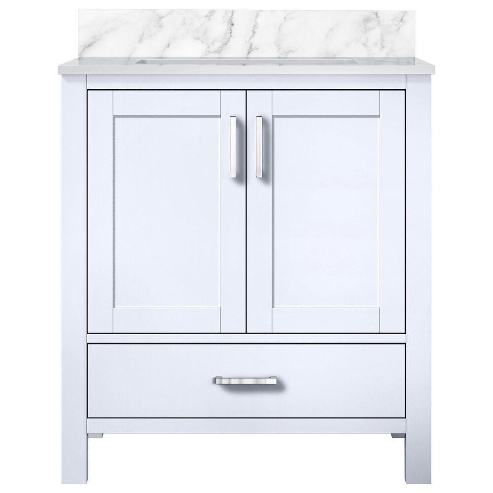 Lexora Home Jacques 30&quot; Single Bathroom Vanity in White with 2 cm White Carrara Marble Top and Rectangular Sink, , large