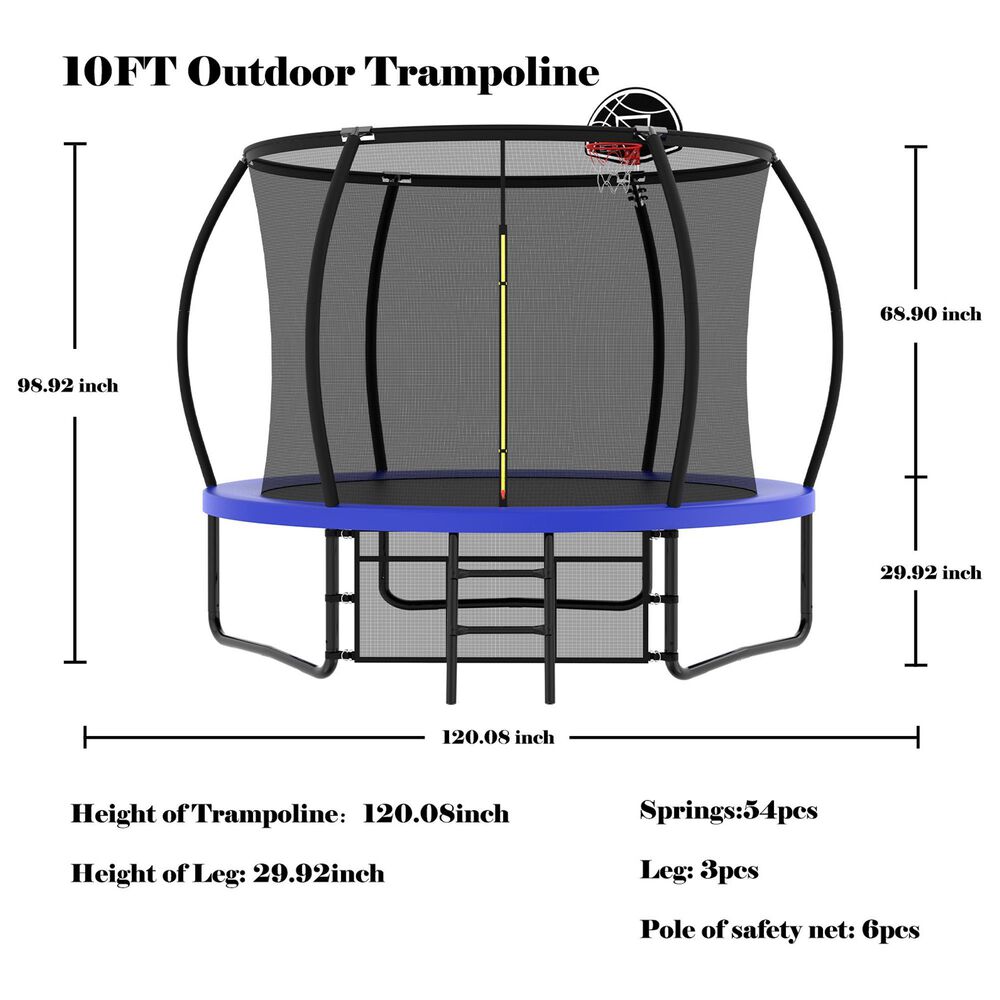 HOMLUX 10' Outdoor Trampoline with Basketball Hoop in Blue, , large