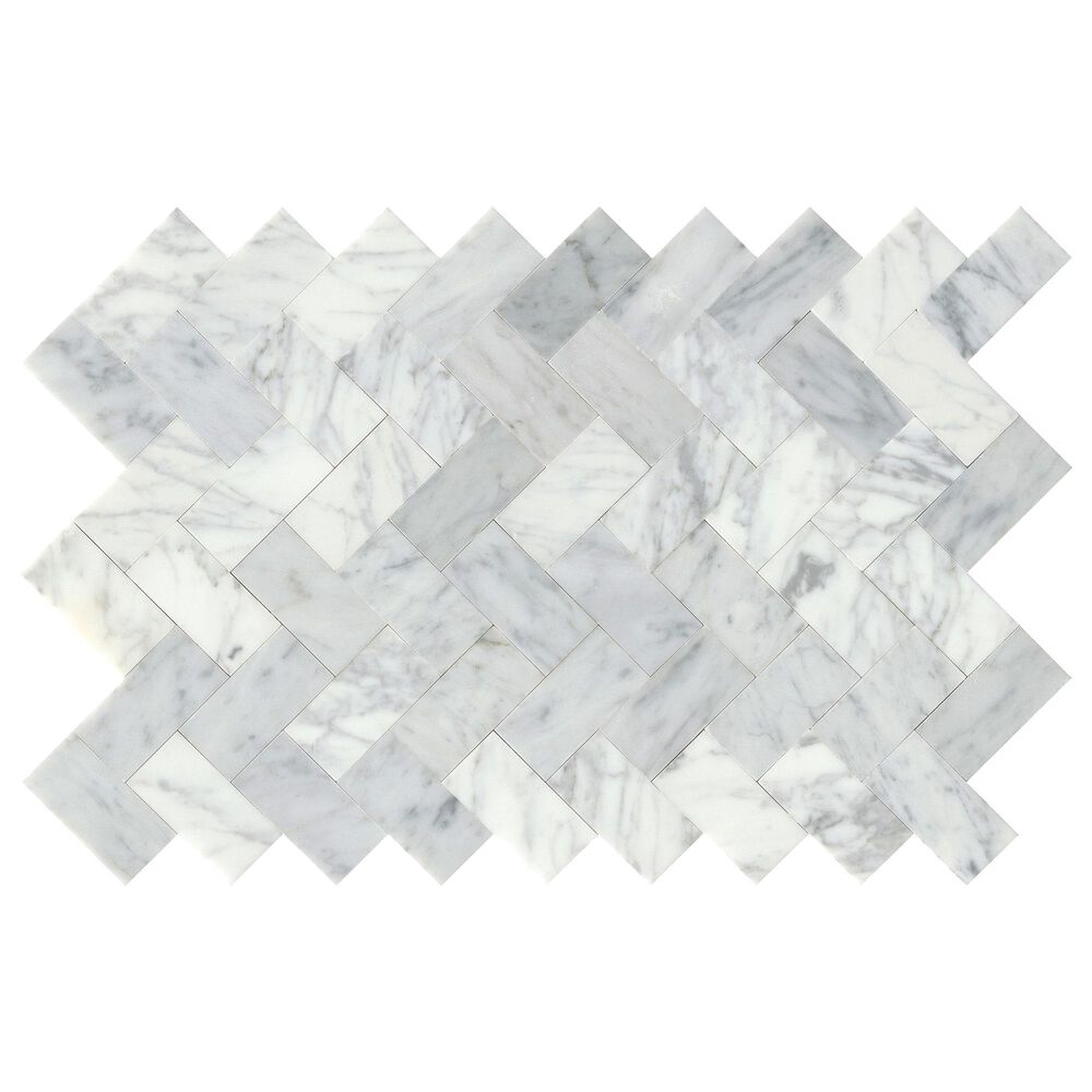 Emser Link 12" x 18" White Herringbone Marble Mosaic Tile, , large