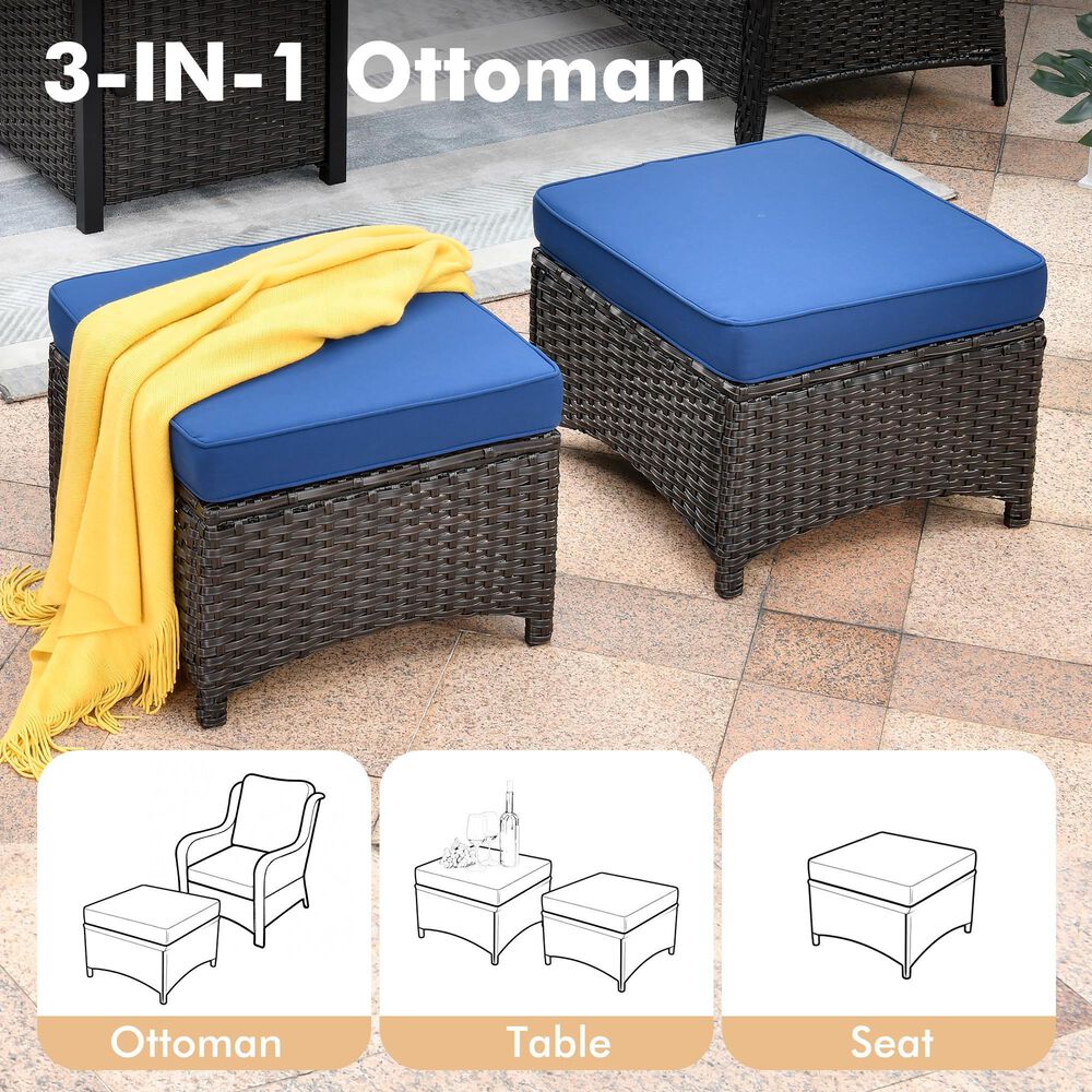 HOMLUX 3-Piece 72" Patio Sofa and Ottoman Set with Brown Wicker in Navy Blue, , large