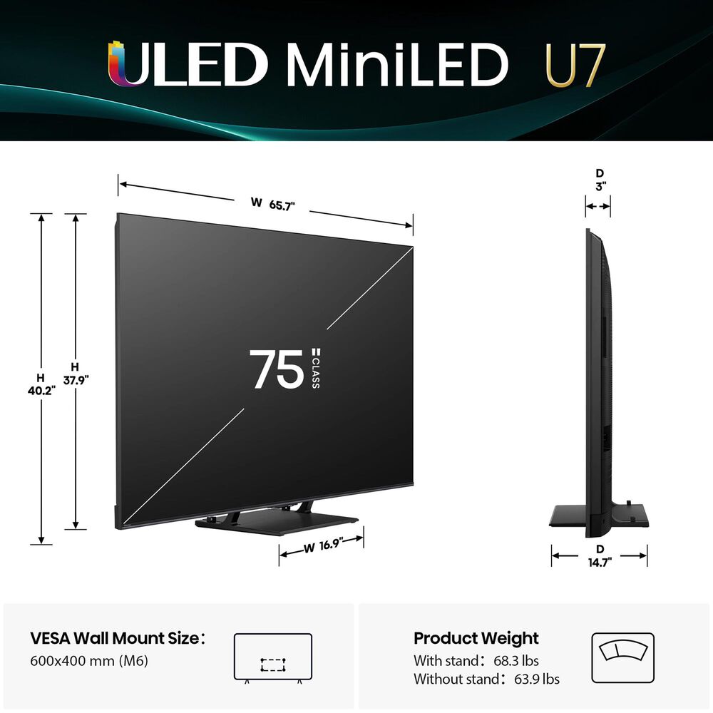Hisense 75&quot; Class U7 Series Mini-LED ULED 4K in Black - Smart Google TV, , large