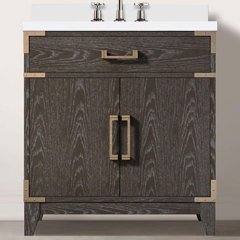 Lexora Home Laurel 30&quot; Single Bathroom Vanity in Brown Oak with White Quartz Top and Rectangular Sink, , large