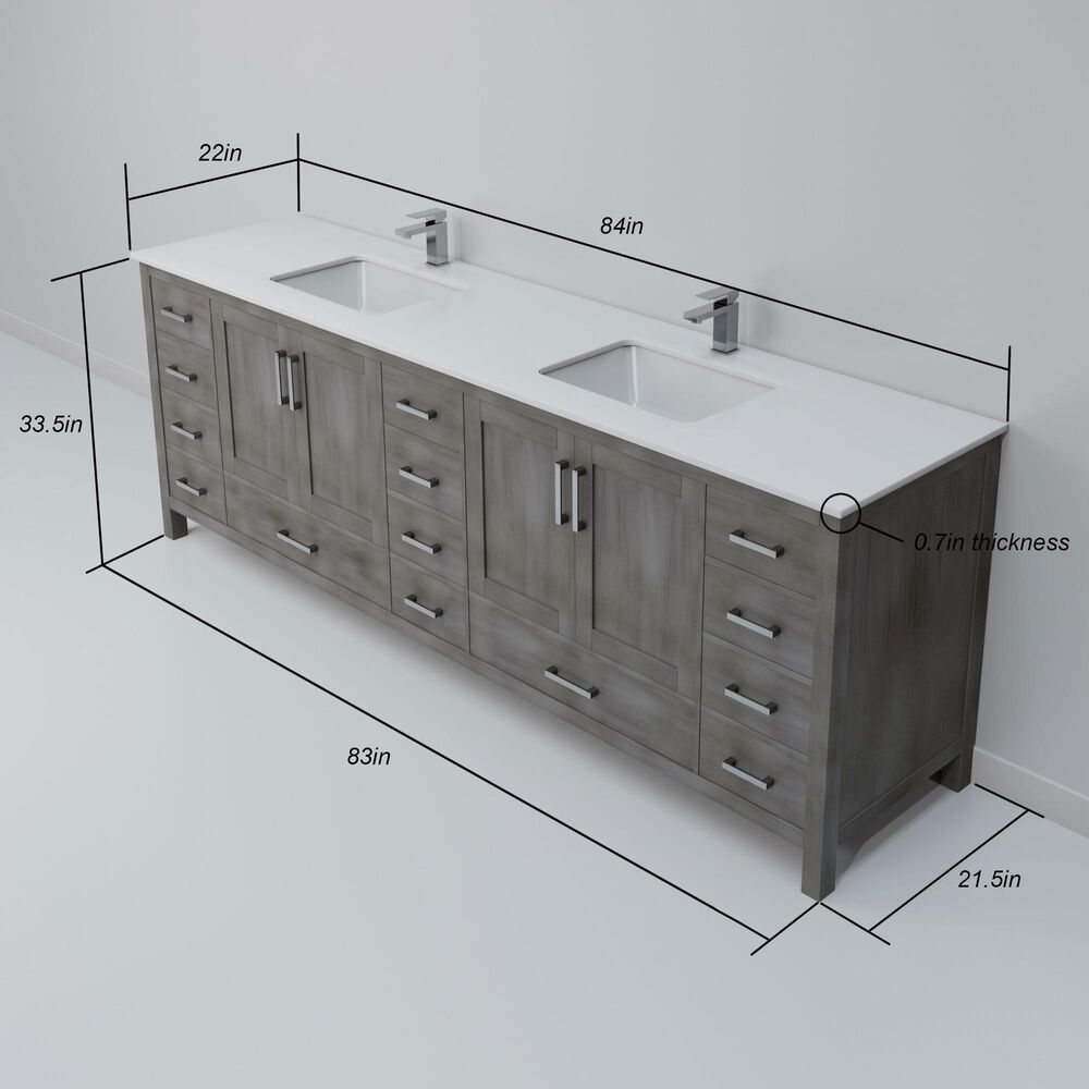 Lexora Home Jacques 84&quot; Double Bathroom Vanity in Distressed Grey with 2 cm White Quartz Top and Rectangular Sinks, , large