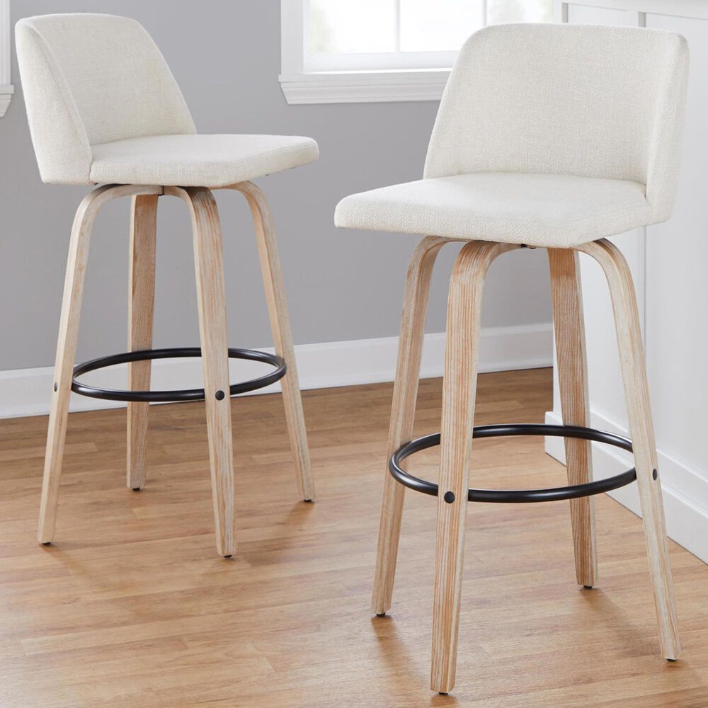 LumiSource Toriano Swivel Bar Stool with Cream Noise Fabric Upholstery in Whitewashed and Black (Set of 2), , large