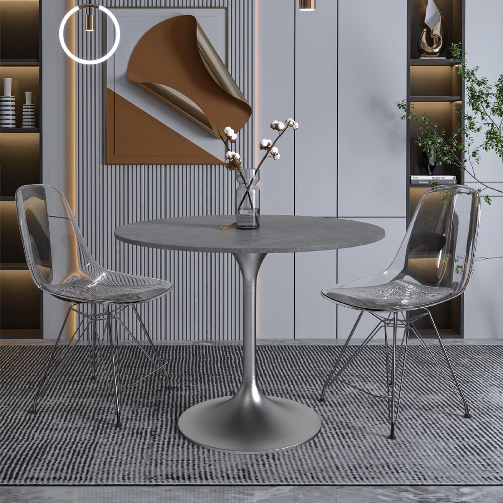 Leisuremod Verve 36&quot; Round Dining Table with Sintered Stone Top in Brushed Chrome and Grey - Table Only, , large