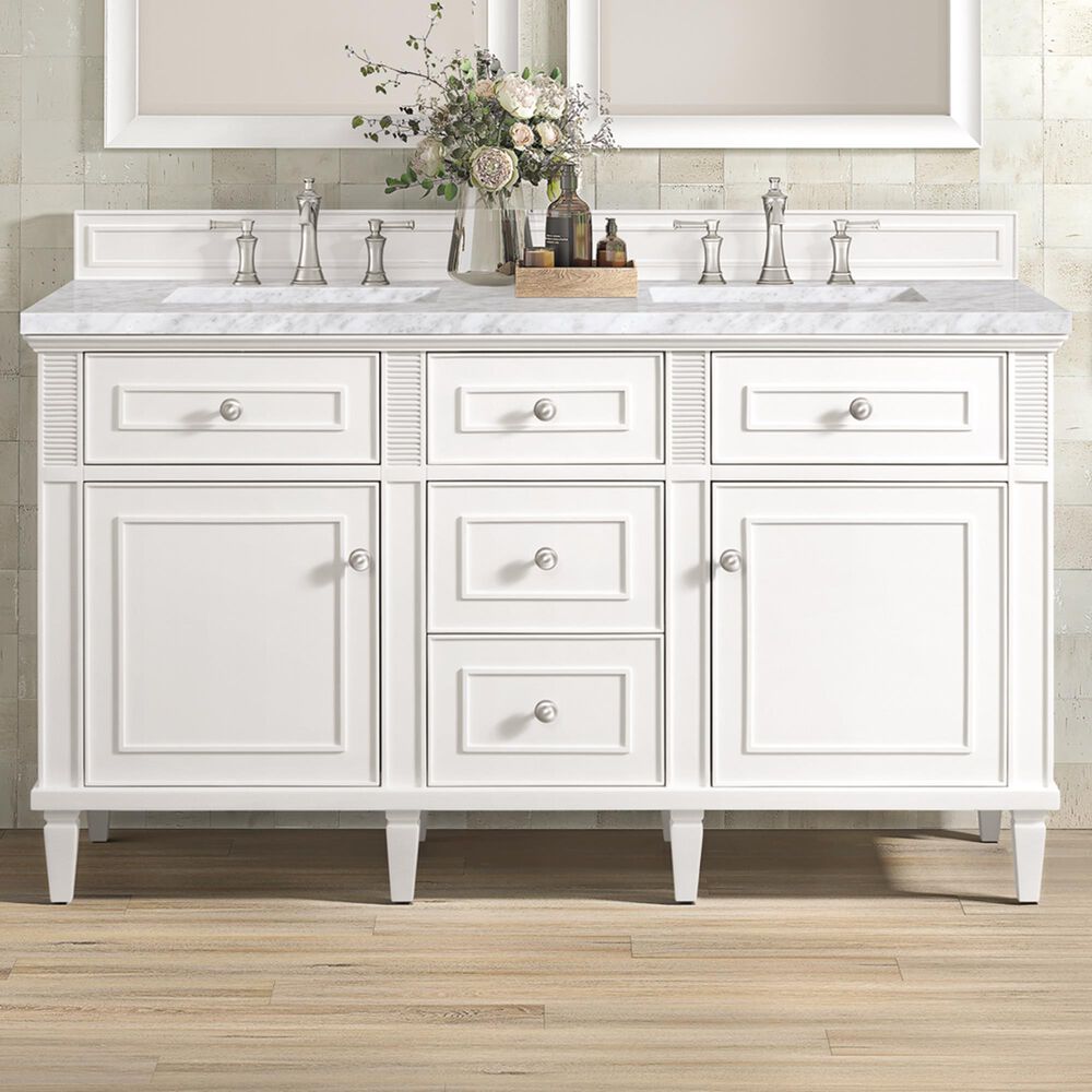 James Martin Vanities Lorelai 60&quot; Double Vanity in Bright White with 3 cm Carrara White Marble Top, , large