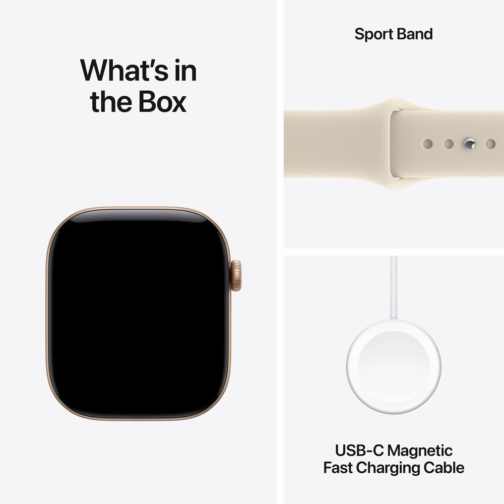 Apple Watch Series 12 (GPS) 46mm Light Gold Aluminum Case with Sand Sport Band - S/M and 2-Year AppleCare+, , large