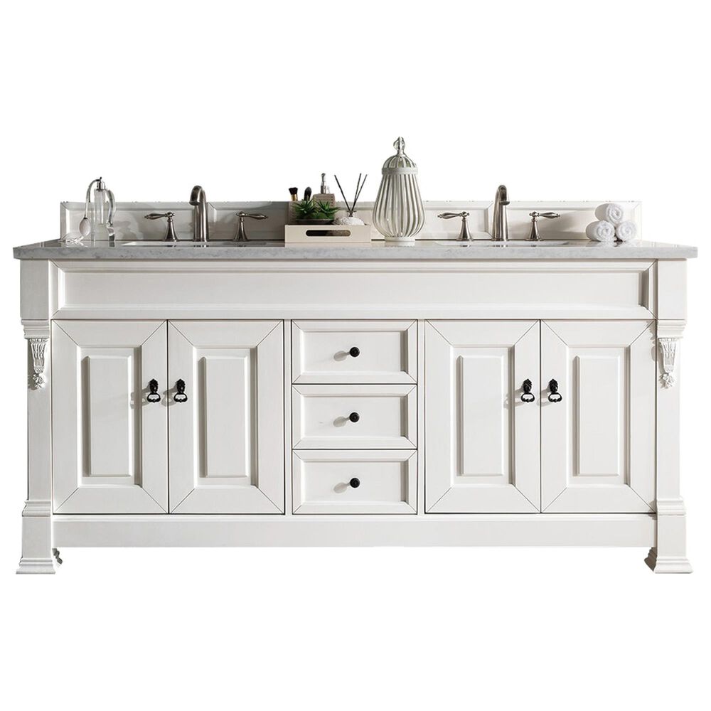 James Martin Vanities Brookfield 72" Double Bathroom Vanity in Bright White with 3 cm Carrara White Marble Top and Rectangle Sinks, , large