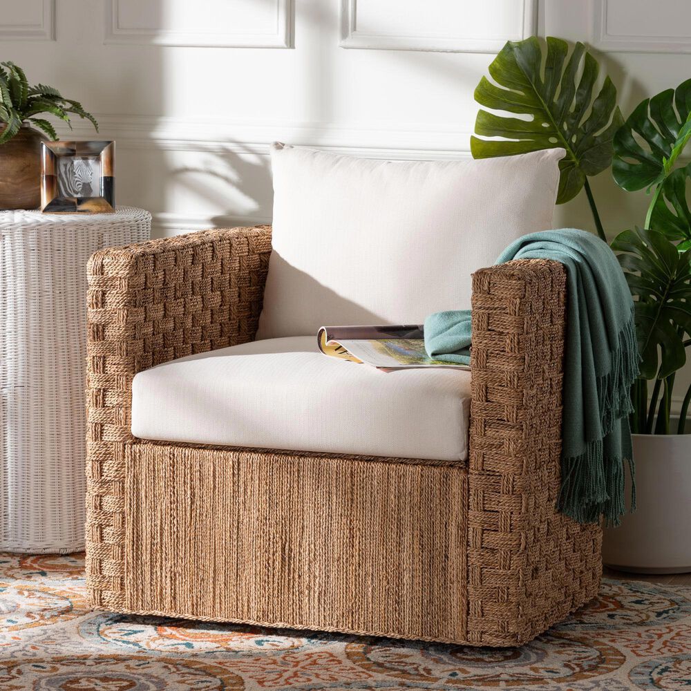 Baxton Studio Rhinos Seagrass Tuxedo Arm Chair in White, , large