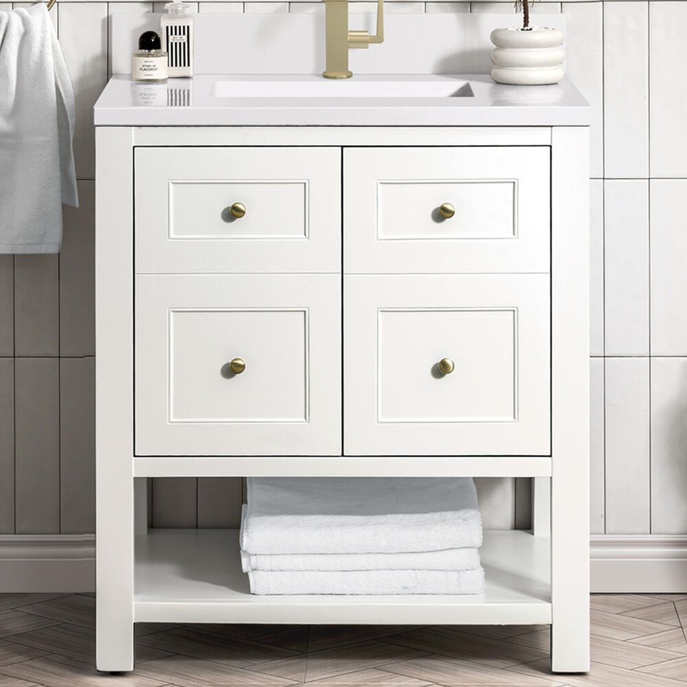 James Martin Vanities Breckenridge 30&quot; Single Bathroom Vanity in Bright White with Single Hole 3 cm White Zeus Quartz Top and Rectangular Sink, , large