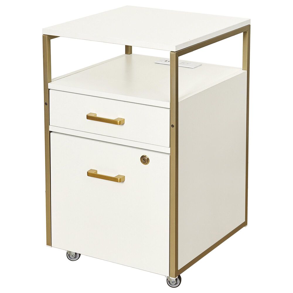 Rta Products Llc Modern Rolling File Cabinet with USB Charging Ports and Power Outlet in White and Gold, , large