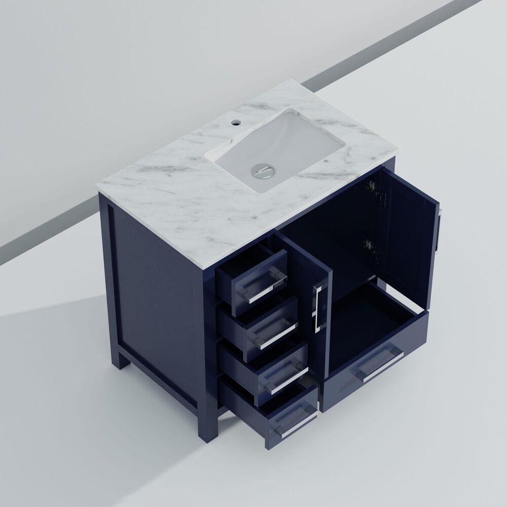 Lexora Home Jacques 36&quot; Right Offset Single Bathroom Vanity in Navy Blue with 2 cm White Carrara Marble Top and Rectangular Sink, , large