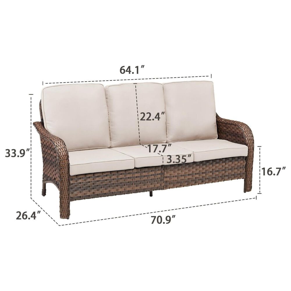 Sunwell Garden 34"H 3-Seater Outdoor Sofa with Curved Armrests and Beige Cushions in Brown, , large