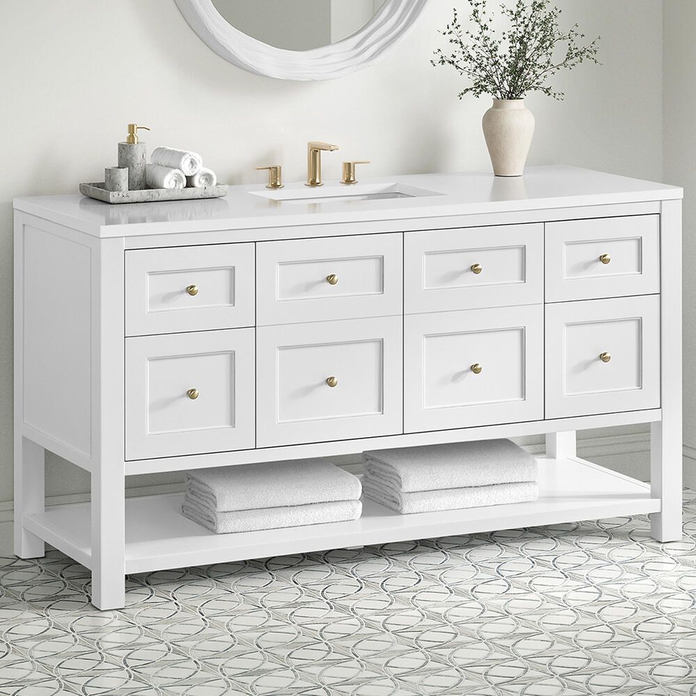 James Martin Vanities Breckenridge 60" Single Bathroom Vanity in Bright White with 3 cm White Zeus Quartz Top and Rectangular Sink, , large