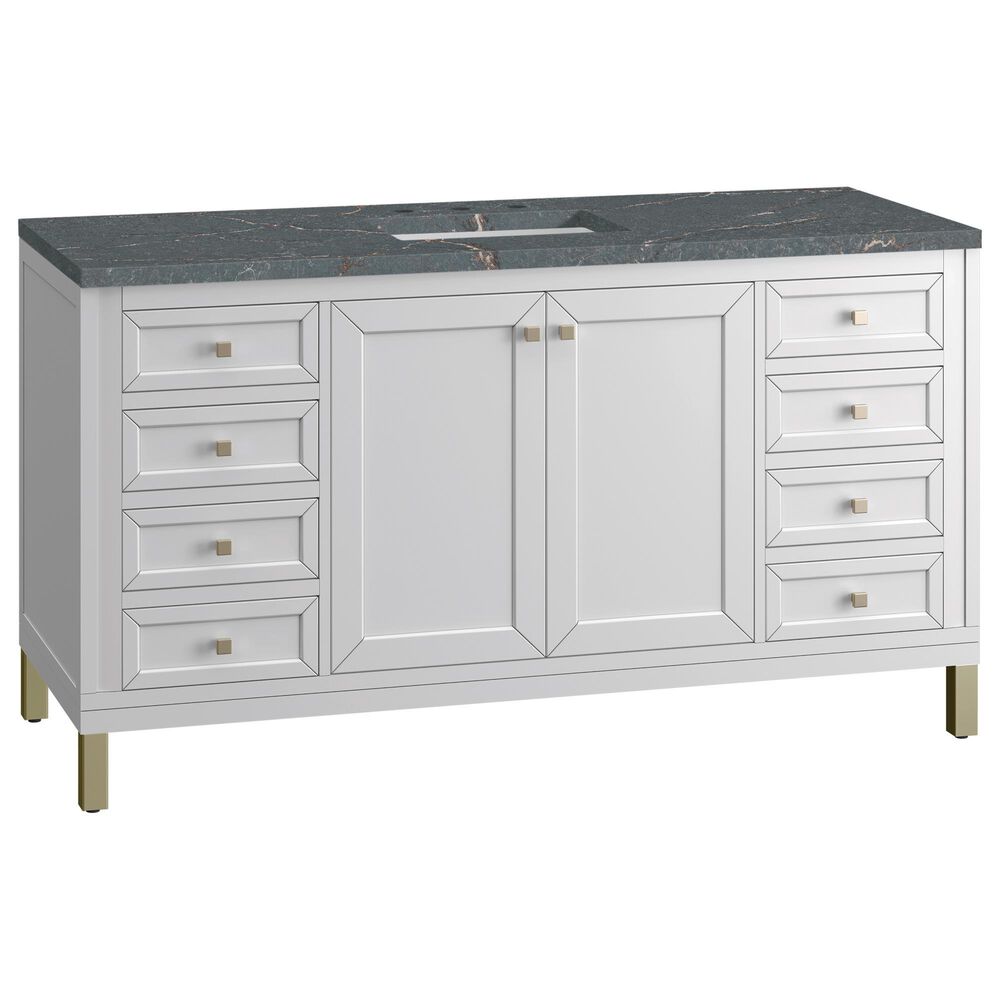 James Martin Vanities Chicago 60" Single Bathroom Vanity in Glossy White with 3 cm Parisien Bleu Quartz Top and Rectangular Sink, , large