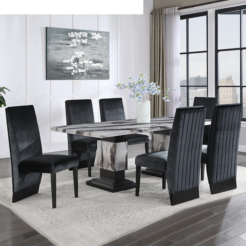 Global Furniture USA Faux Marble Pedestal Dining Table and 6 Chairs in Black, , large