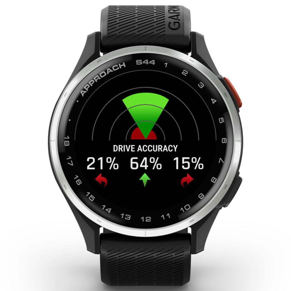 Garmin Approach S44 43mm Golf Smartwatch Silver Aluminum Bezel Case with Black Silicone Band, , large
