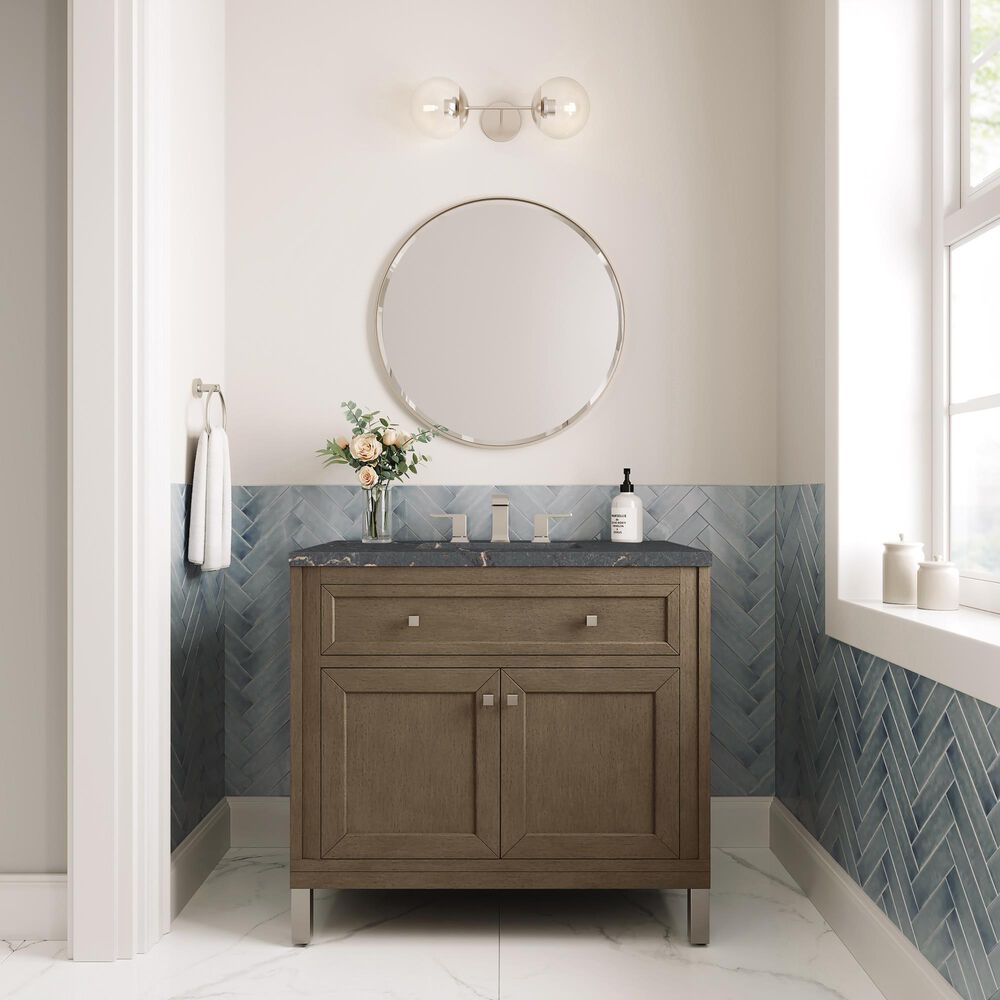James Martin Vanities Chicago 36&quot; Single Bathroom Vanity in Whitewashed Walnut with 3 cm Parisien Bleu Quartz Top and Rectangular Sink, , large