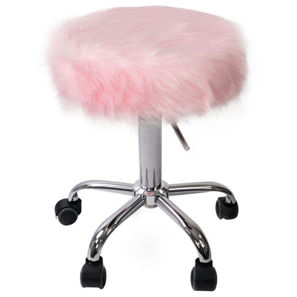 Impressions Vanity Momo Faux Fur Vanity Stool with Pink Cushion in Stainless Steel, , large