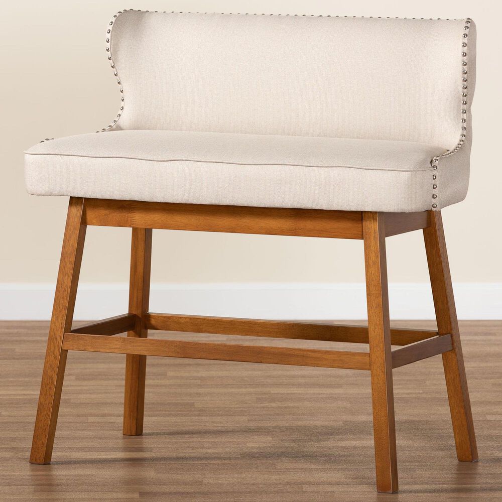 Baxton Studio Gradisca Bar Bench Banquette with Light Beige Cushion in Dark Walnut, , large